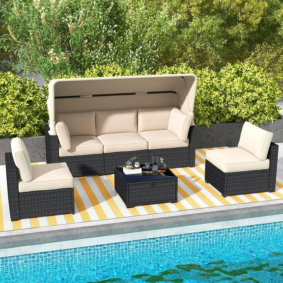 Ataucjin Patio Furniture Set,6pcs Outdoor Rattan Wicker with Retractable Canopy,Weather-Resistant Materials, Soft Cushions,Stylish Garden Decor for Balcony,Porch,Garden,Backyard(ship in 3 boxes)