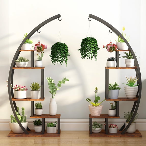 Ataucjin Plant Stand Indoor 2 Pack,5 Tier Tall Metal Indoor Plant Stand, Half Moon Shape Garden Plant Holder, Round Flower Shelf Rack with 4 Hanging Hooks Stylish Tiered Flower Storage Rack Tall Metal