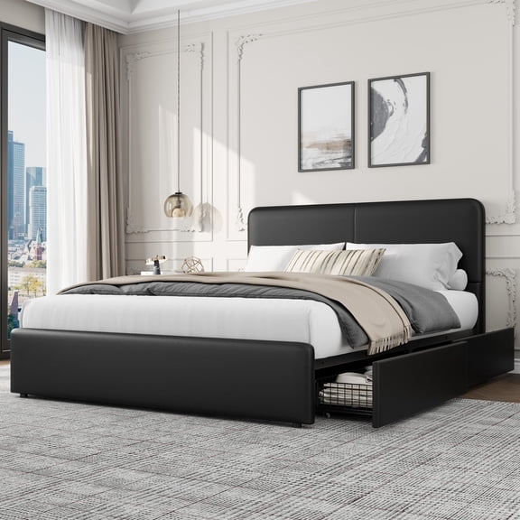 Ataucjin Platform Bed Frame with Storage Drawers, Upholstered Bed, PU Leather, No Box Spring Needed, Easy Assembly,Full/Queen/King Size
