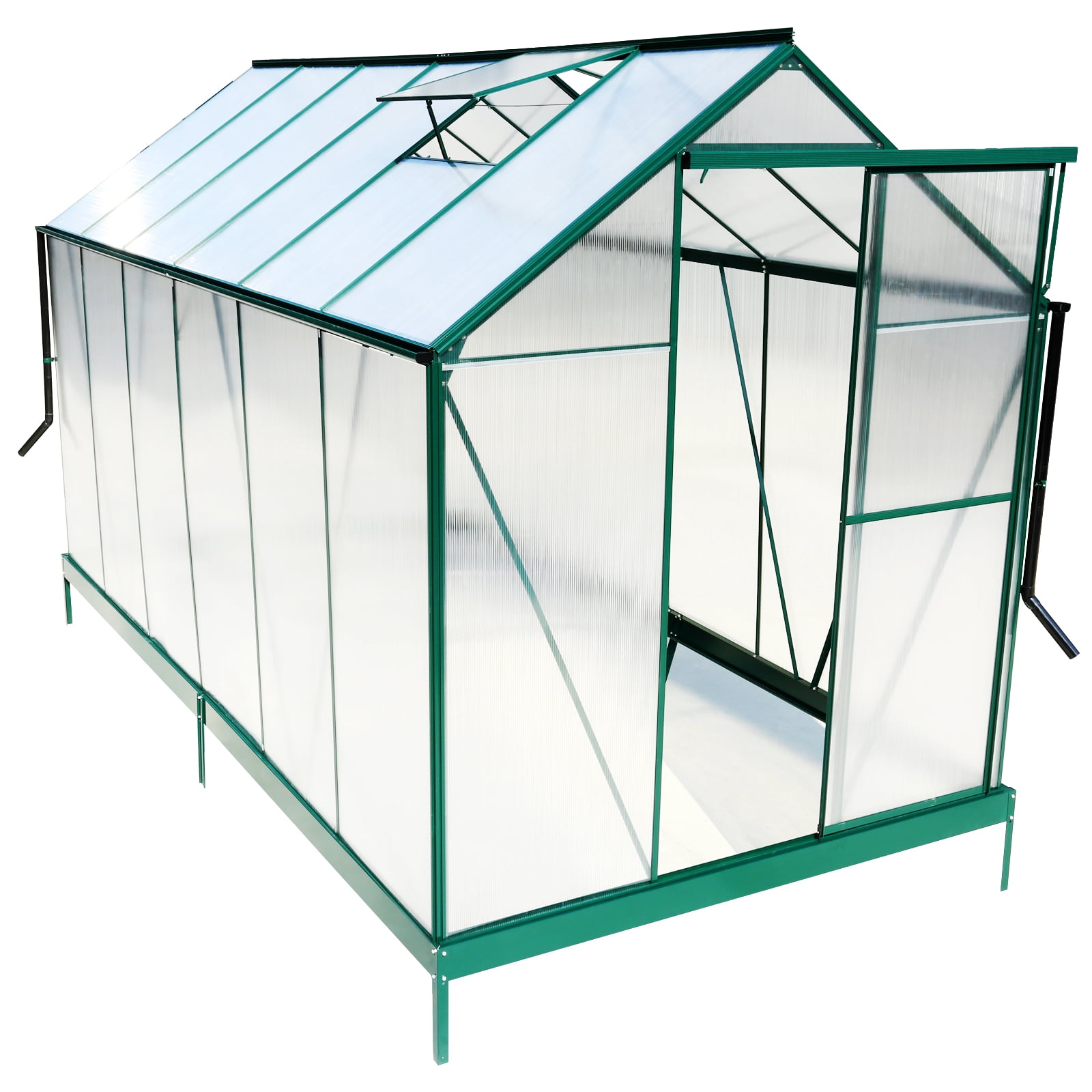 Ataucjin Polycarbonate Greenhouse, Walk In Greenhouse With Rain Sink, Sliding Door, Transparent Polycarbonate Panels, Aluminum Frame, Vent, Waterproof Outdoor Greenhouse
