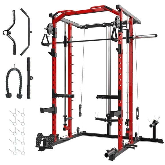 Ataucjin Power Cage,Smith Machine Squat Rack,Heavy Duty Power Rack for Home Gym with Pulley System,Dip Bar,LAT Pulldown,Multifunctional Squat Rack for Home Gym,Weight Cage for Home Gym