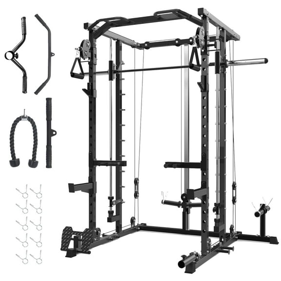 Ataucjin Power Cage,Smith Machine Squat Rack,Heavy Duty Power Rack for Home Gym with Pulley System,Dip Bar,LAT Pulldown,Multifunctional Squat Rack for Home Gym,Weight Cage for Home Gym