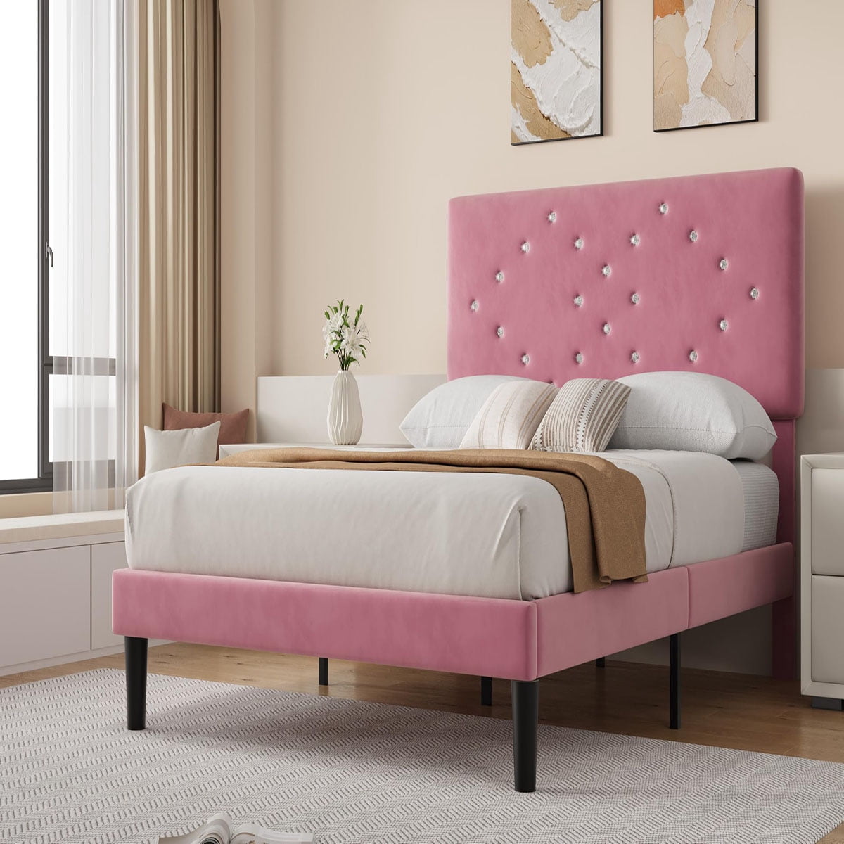 Ataucjin Queen Bed Frame with Crystal Diamond Tufted Upholstered Headboard,Velvet Platform Bed with Sturdy Wood Slats, No Box Spring Needed, Easy Assembly, Noise-Free