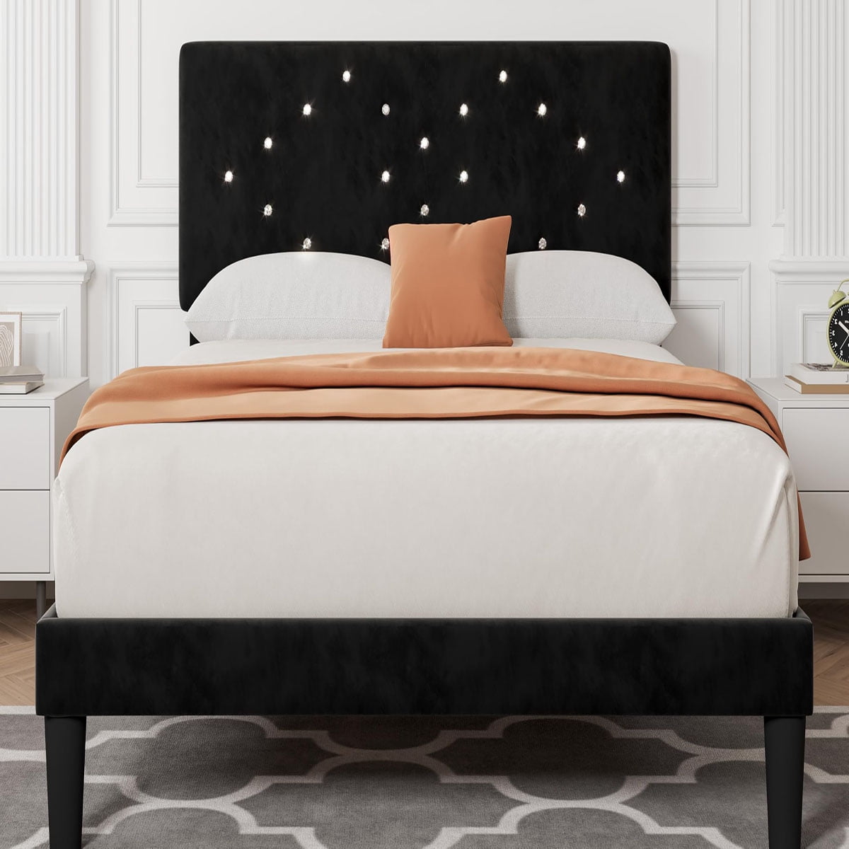 Ataucjin Queen Bed Frame with Crystal Diamond Tufted Upholstered Headboard,Velvet Platform Bed with Sturdy Wood Slats, No Box Spring Needed, Easy Assembly, Noise-Free