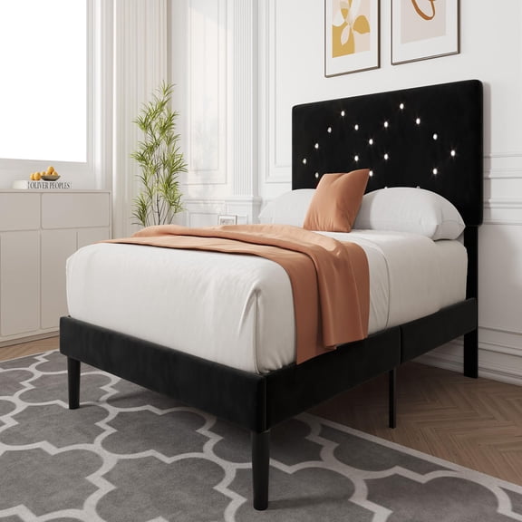 Ataucjin Queen Bed Frame with Crystal Diamond Tufted Upholstered Headboard,Velvet Platform Bed with Sturdy Wood Slats, No Box Spring Needed, Easy Assembly, Noise-Free