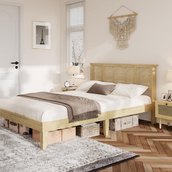 Ataucjin Queen Bed Frame with Natural Rattan Headboard, 4 Storage Drawers, Slats, Bohemian-Style Cane Mattress Support, Strong Metal Base with Resilient Wooden, No Box Spring Needed