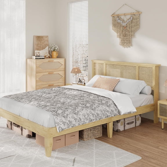 Ataucjin Queen Bed Frame with Natural Rattan Headboard, 4 Storage Drawers, Slats, Bohemian-Style Cane Mattress Support, Strong Metal Base with Resilient Wooden, No Box Spring Needed