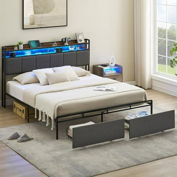 Ataucjin Queen/King Bed Frame Upholstered Platform Bed Frame With 2-Tier Storage Shelf Headboard 2 Storage Drawers USB Charging Station & LED Metal Support No Box Spring Needed Noise Free