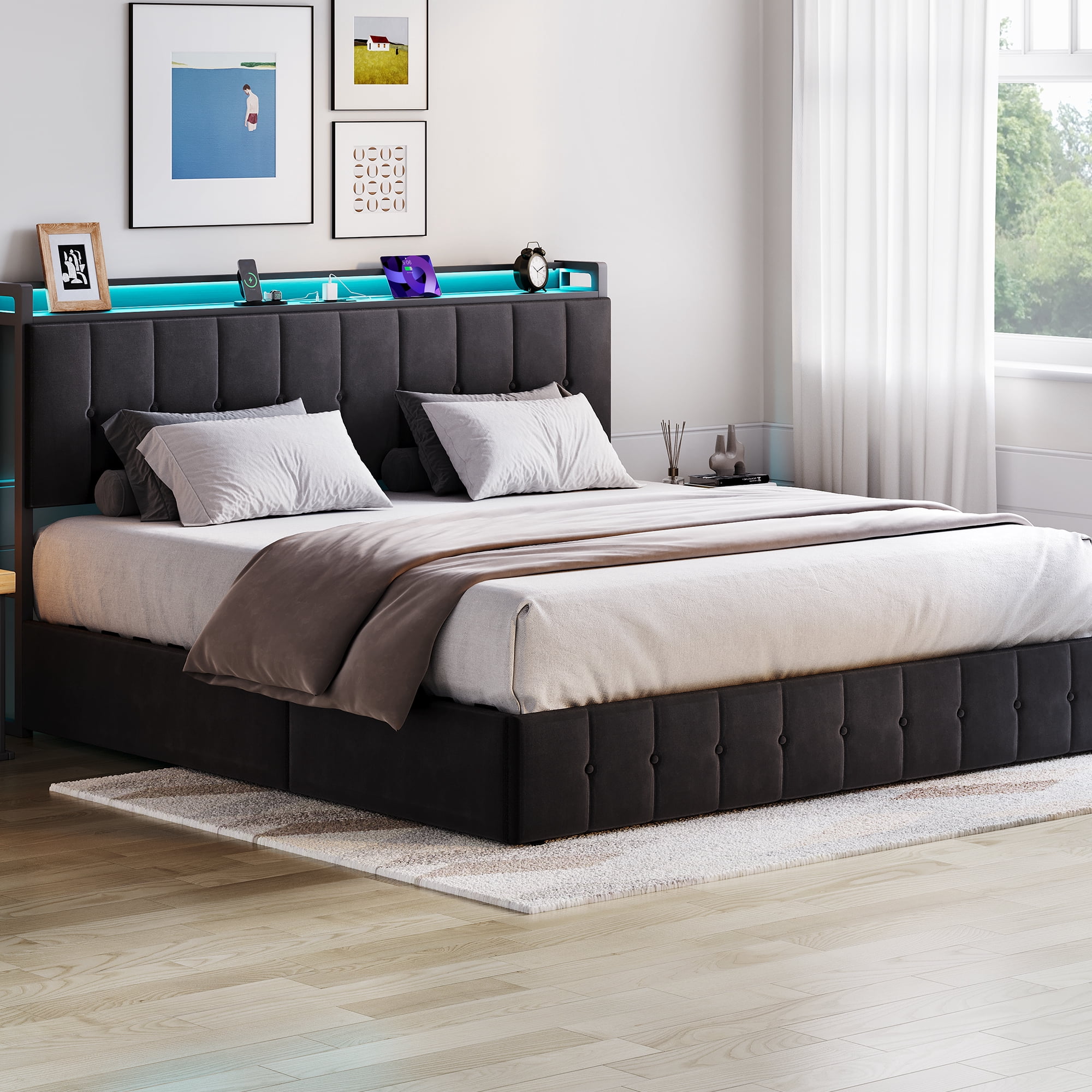 Ataucjin Queen Size Lift Up Storage Bed Frame, Upholstered Velvet Bed with Storage Headboard & Sturdy Wooden Slats Support, Metal Platform Bed, No Box Spring Needed, Noise Free
