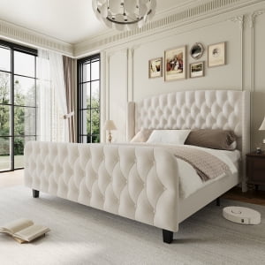 Ataucjin Queen Size Platform Bed Frame with 51-inch Deep Button Tufted Wingback Headboard and Footboard,Velvet Upholstered Platform Bed Frame,No Box Spring Needed,Easy Assemble