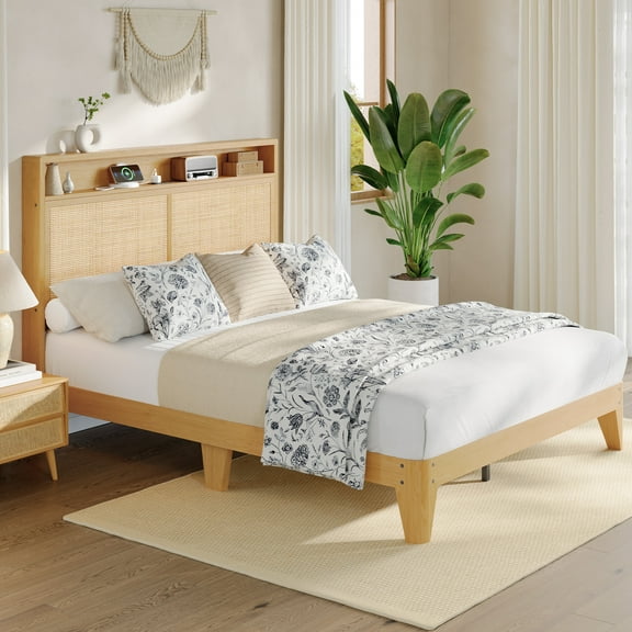 Ataucjin Rattan Bed Frame Full Size with LED Lights & Charging Station, Boho Full Bed Frame with Natural Rattan Headboard, 2 Tier Storage Headboard, Sturdy Wooden Slats Support, No Box Spring Needed