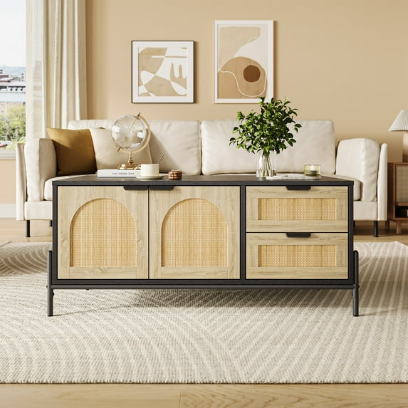 Ataucjin Rattan Coffee Table, Modern Center Table with 2 Drawers Storage Cabinet and Open Shelf, Rectangle End Table with Metal Frame for Living Room, Bedroom