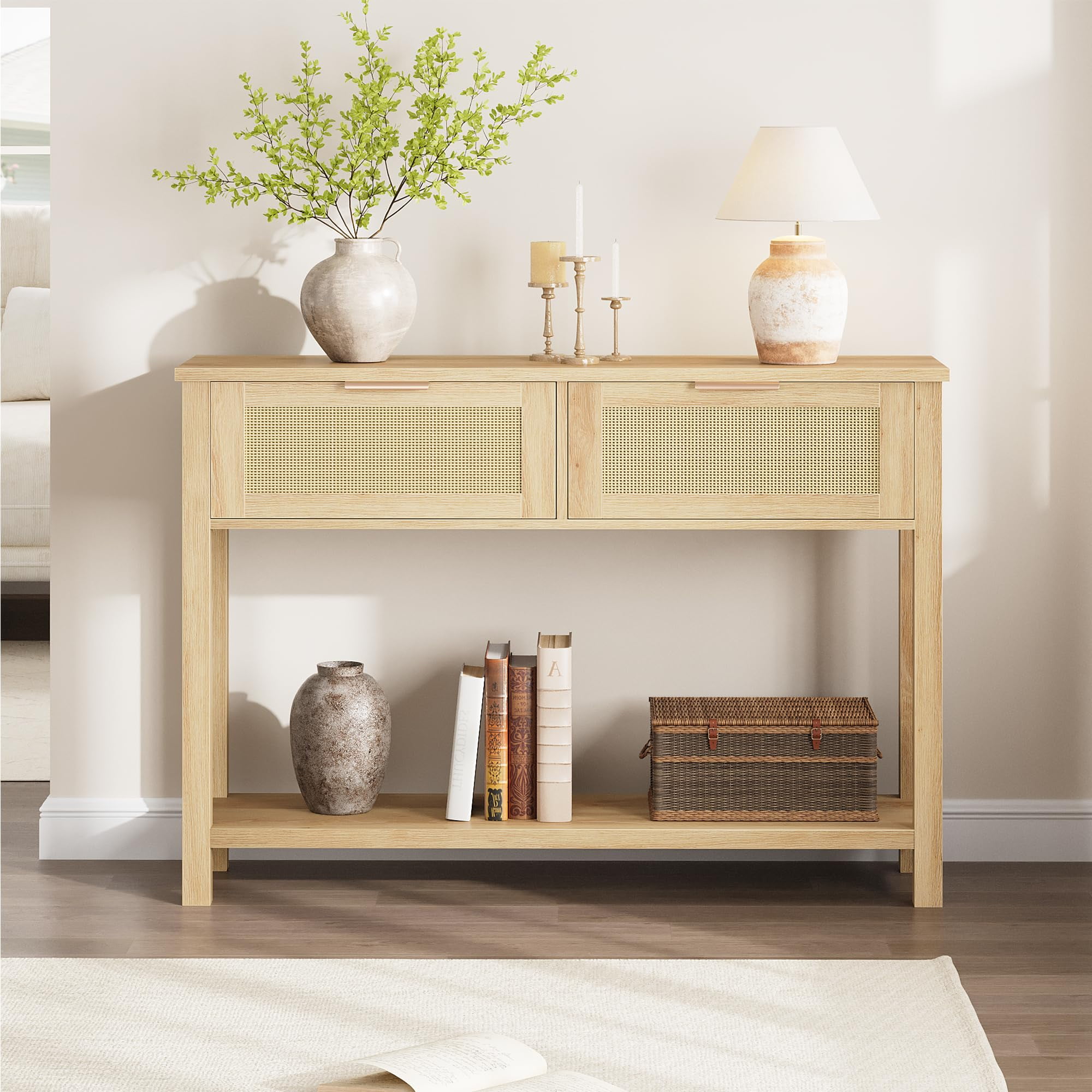 Ataucjin Rattan Console Table With 2 Drawers,Narrow Entryway Table,Wood ...