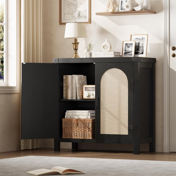 Ataucjin Rattan Sideboard Buffet Cabinets with Storage, Farmhouse Kitchen Accent Storage Cabinet, Boho Wooden Coffee Bar Cabinet for Dining Room, Living Room, Hallway