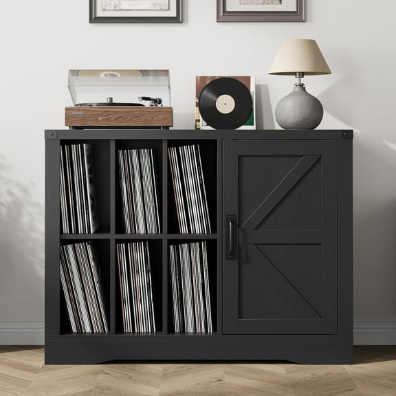 Ataucjin Record Player Stand with Vinyl Storage, Farmhouse Turntable Cabinet with Door, Vinyl Display Holder Shelves up to 750 Albums, Wooden Storage with 6 Display Holder Shelves Wooden CD DVD Table