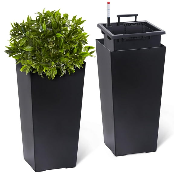 Ataucjin Rectangular Tall Planters Set Of 2,Large Modern Tapered Plant Pots With Drainage Holes＆Water Level Monitor＆Wheels,Outdoor And Indoor Flower Pots For Patio Porch Home Office