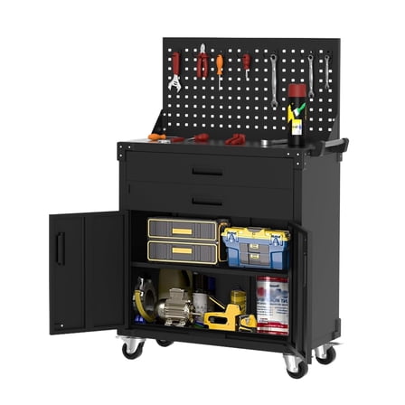 Ataucjin Rolling Tool Cabinet with Deep Drawers, Locking Casters & Pegboard, Tool Chest Cabinet Mobile Garage Workbench with 2 Drawers and Pegboard, 31.5" Metal Rolling Tool Cabinet with Adjustable