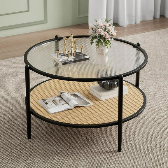 Ataucjin Round 30" Rattan Coffee Table, 2-Tier Round End Table with Storage, Round Water-Wave Glass Metal Center Tables, Modern Circular Coffee Tables for Small Space, Living Room, Office