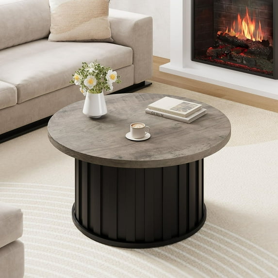 Ataucjin Round Coffee Table,32inch Mid Century Modern Coffee Table with Metal Base, Fluted Center Table for Living Room, Home Small Space, Apartment