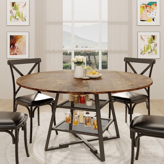 Ataucjin Round Dining Table Set for 4-6, Circle Kitchen Dining Table with Metal Base, 47 Inch Wooden Round DiningTable, Wood Kitchen Tables with Storage Shelf,table only