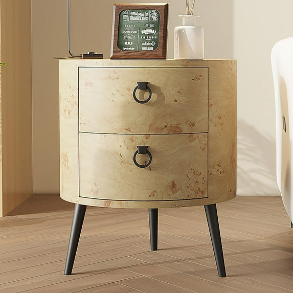 Ataucjin Round End Table with 2 Storage Drawers,Mid Century Modern Side Table Night Stand with Metal Legs,Wooden Accent End Table Circle Bedside Table,Farmhouse Sofa Side Table for Living Room