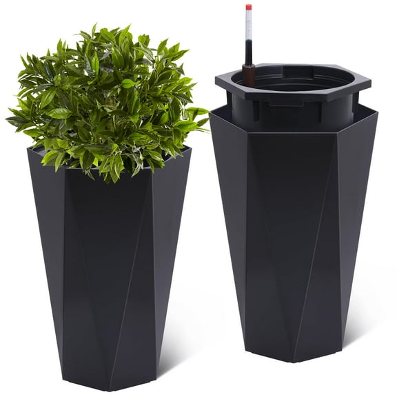 Ataucjin Set of 2 Tall Outdoor Planters 22.4 Inch Large Flower Pot Outdoor and Indoor with 2 Trays and a Water Level Monitor and Wheels for Patio, Porch,Living Room