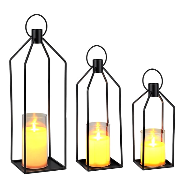 Ataucjin Set of 3 Modern Metal Lanterns with LED Real Wax Candles,Flickering Effect, 6-Hour Timer, Decorative Candle Holders for Indoor & Outdoor Use – Patio, Living Room, Fireplace, Table ,12+15+19"