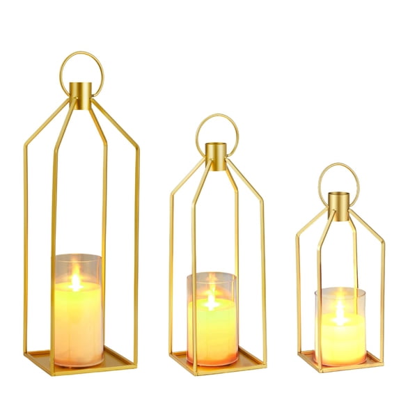 Ataucjin Set of 3 Modern Metal Lanterns with LED Real Wax Candles,Flickering Effect, 6-Hour Timer, Decorative Candle Holders for Indoor & Outdoor Use – Patio, Living Room, Fireplace, Table ,12+15+19"