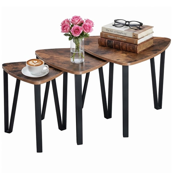 Ataucjin Set of 3 Triangle Nesting Coffee Tables. Industrial Stackable Accent Side Tables with Black Metal Frame & Rustic Brown Melamine Board - Multi-Size End Tables for Living Room
