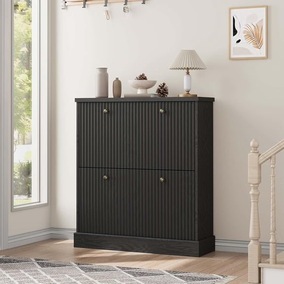 Ataucjin Shoe Cabinet with 2 Flip Drawers,  Modern Freestanding Shoe Organizer, Fluted Narrow Storage Cabinet with Adjustable and Removable Shelves,for Entryway, Hallway