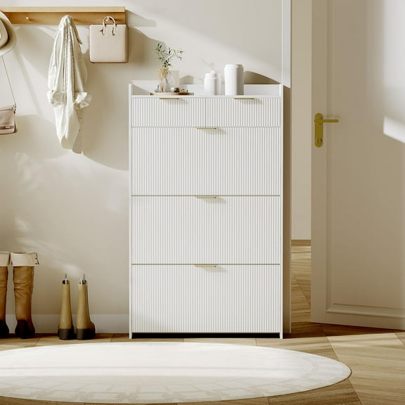 Ataucjin Shoe Cabinet with 3 Flip Drawers, Hidden Slim Narrow Shoe Storage Cabinet for Entryway, Farmhouse Fluted Shoe Organizer with 2 Drawers, Modern Large Freestanding Shoe Rack for Hallway,Foyer