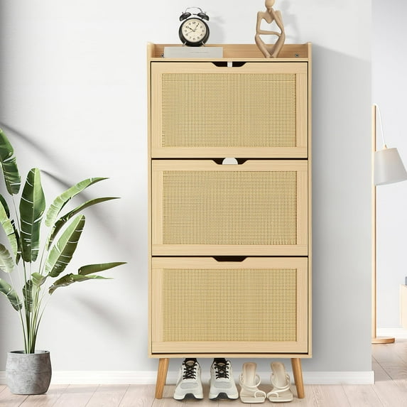 Ataucjin Shoe Cabinet with 3 FlipDrawers, Narrow 3-Tier Storage Organizer with Woven Rattan Front, Space-Saving Entryway Shoe Bench for Hallway, Porch, Closet