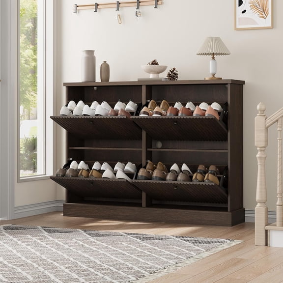 Ataucjin Shoe Cabinet with 4 Flip Drawers, Modern Freestanding Narrow Shoe Organizer, Large Fluted Storage Cabinet with Adjustable and Removable Shelves