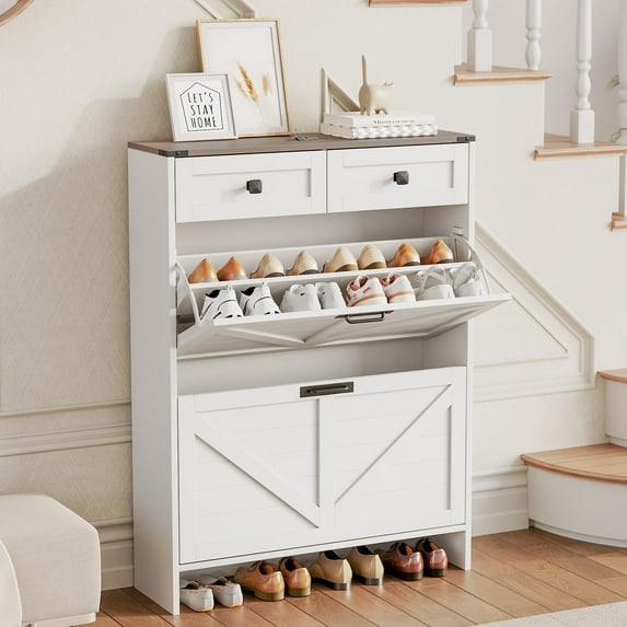 Ataucjin Shoe Storage Cabinet With 2 Flip Drawers & 2 Drawers,Farmhouse Slim Shoe Cabinet With Legs,Freestanding Narrow Shoe Rack Cabinet For Entryway Hallway Hidden Shoes