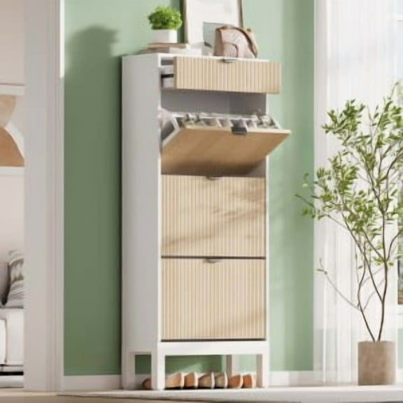 Ataucjin Shoe Storage Cabinet with 3 Flip Drawers, Farmhouse Fluted Shoe Organizer with Metal Legs, Freestanding Hidden Slim Narrow Shoe Rack for Entryway, Foyer, Hallway