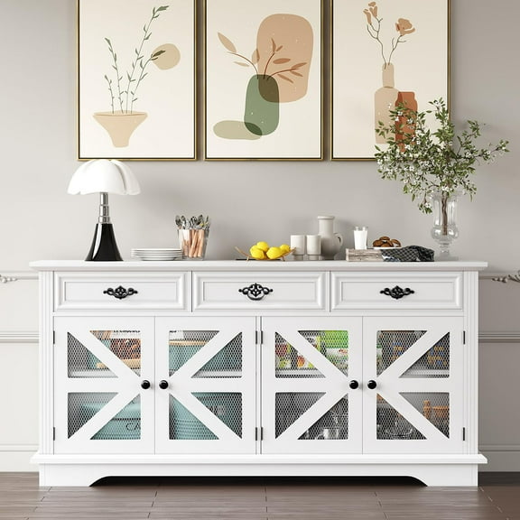 Ataucjin Sideboard Buffet Cabinet with Power Outlets & Adjustable Shelves,71'' Large Modern Farmhouse Storage Cabinet with 3 Drawers and 4 Mesh Barn Doors, Coffee Bar Table for Kitchen, Living Room