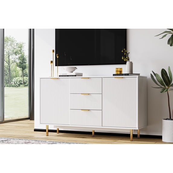 Ataucjin Sideboard Buffet Cabinet with Storage, 55‘’ Kitchen Storage Cabinet with 2 Doors and 3 Drawers, Modern Wood Coffee Bar Table for Dining Room, White