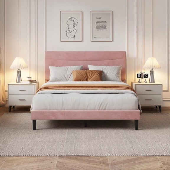 Ataucjin Space-Saving Storage Headboard & 2 Drawers Platform Bed Frame, Modern Sturdy Cookie Style Metal & Upholstered Bed for Girls, No Box Spring Needed, Full/Queen Size