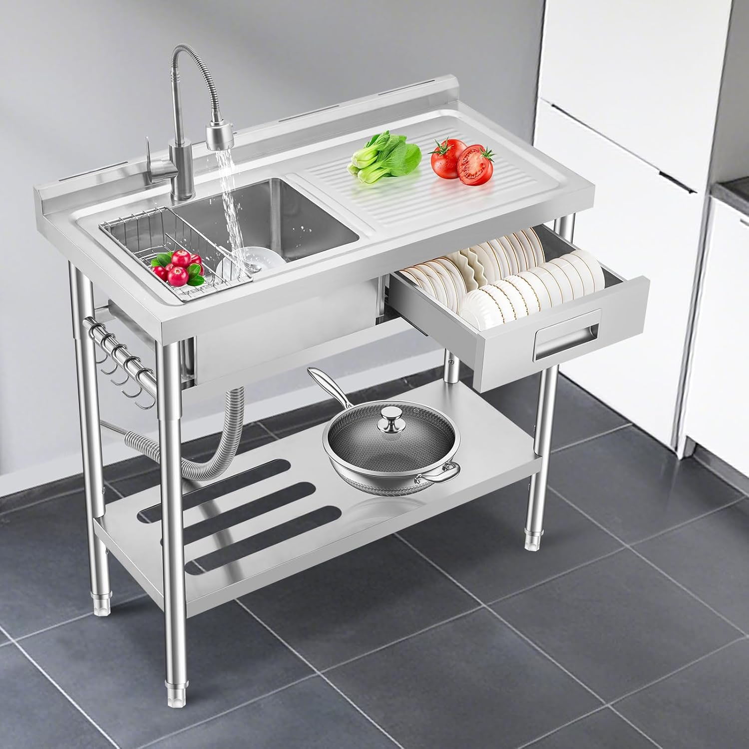 Ataucjin Stainless Steel Laundry Utility Sink, Freestanding Single Bowl Kitchen Sink with Hot & Cold Water Faucet, Built-In Wash Board, Drawer, Drain Basket, Dish Rack for Laundry Room, Garage