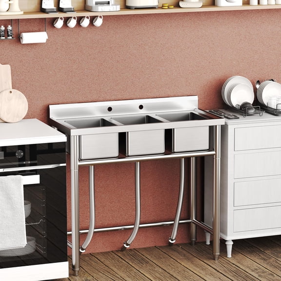 Ataucjin Stainless Steel Sink, 3-Compartment Freestanding Sink, NSF Certificated, Commercial Kitchen Utility Sink for Garage, Restaurant, Backyard for Indoor Outdoor (39 Inch)