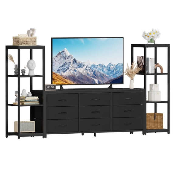 Ataucjin TV Stand for 75 Inch TV, Entertainment Center with LED Lights & Power Outlets, Modern TV Media Console with 9 Drawers and Bookshelves for Living Room