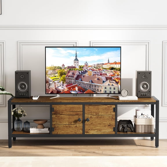 Ataucjin TV Stand,Large TV Console Table,Wood Entertainment Center With 2 Closed Storage Spaces And Open Shelf,TV Media Console Table With Adjustable Feet For Living Bedroom