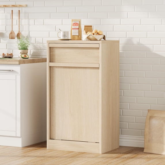 Ataucjin Tilt Out Trash Can Cabinet,Hidden Trash Cabinet with 10 Gallon Storage,Kitchen Freestanding Recycling Trash Cabinet with Drawer,Pet-Proof Garbage Can Cabinet Laundry Hamper for Kitchen