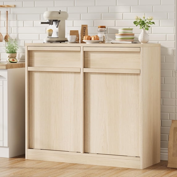 Ataucjin Tilt Out Trash Can Cabinet,Hidden Trash Cabinet with 10 Gallon Storage,Kitchen Freestanding Recycling Trash Cabinet with Drawer,Pet-Proof Garbage Can Cabinet Laundry Hamper for Kitchen