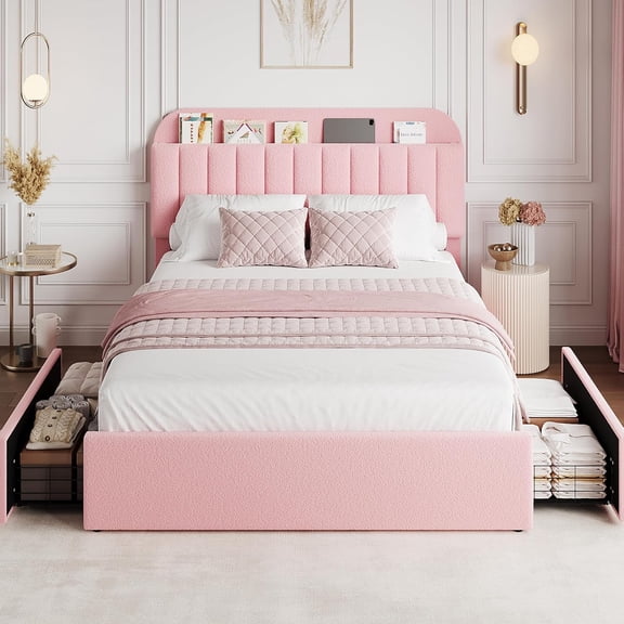 Ataucjin Twin Bed Frame With Storage Headboard,Queen Bed Frame,Full Size Bed Frame,Boucle Upholstered Platform Bed With 2 Drawers,Bookcase,No Box Spring Needed,Easy Assembly