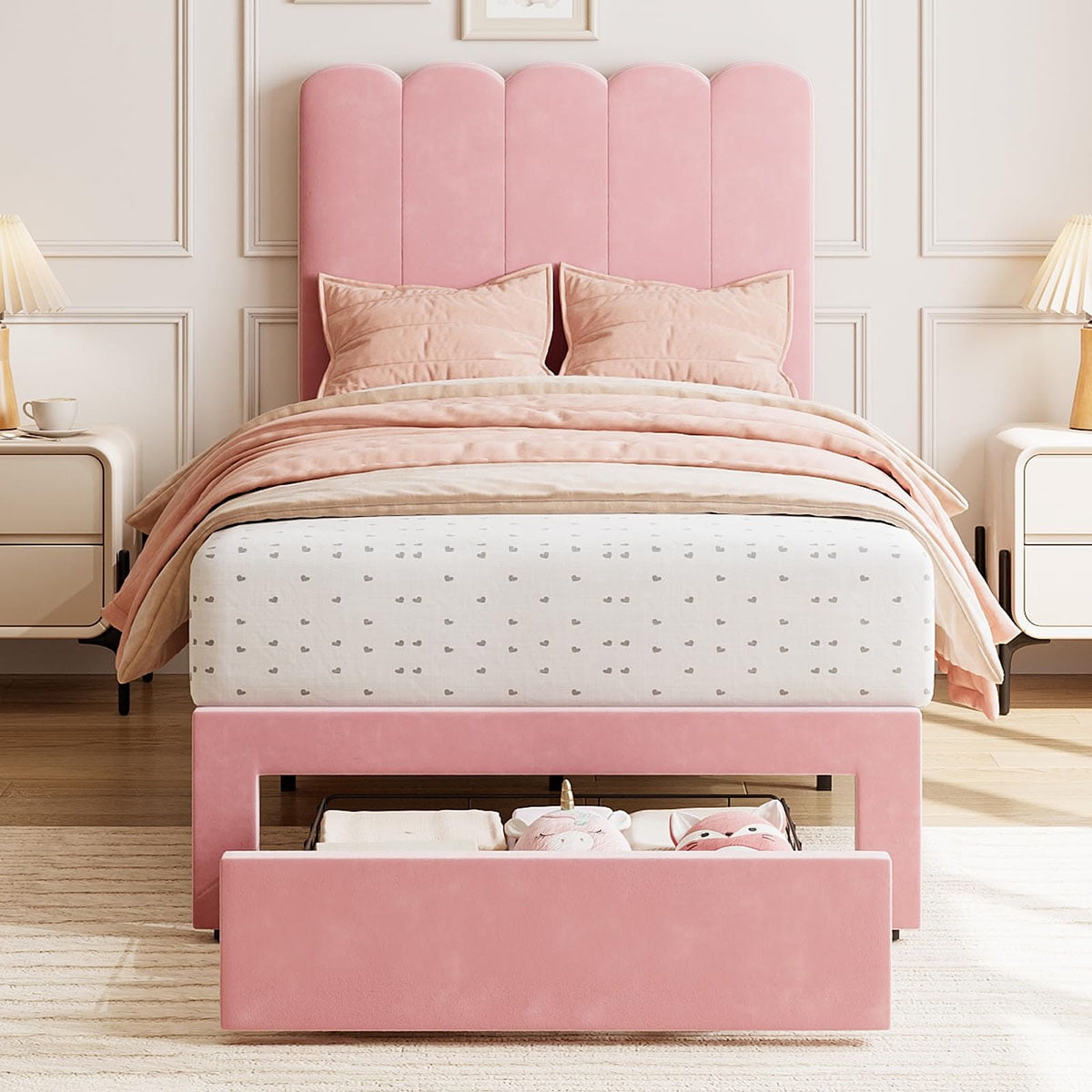 Twin Pink Velvet Upholstered Platform Bed with Storage Drawer