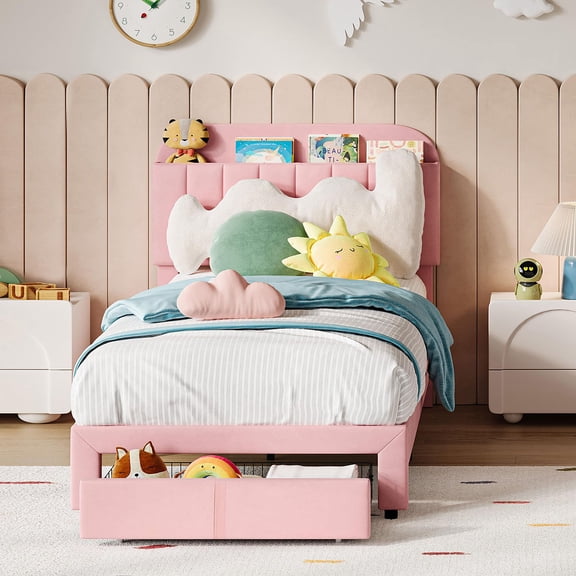 Ataucjin Twin Bed Frame with Bookcase Headboard, Velvet Upholstered Platform Bed Frame with Under-Bed Drawer, No Box Spring Needed/Noise-Free