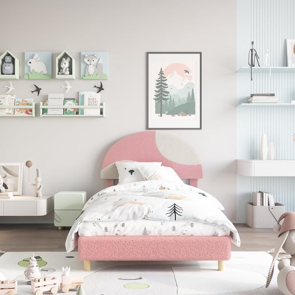 Ataucjin Twin Bed Frame with Round Boucle Headboard,Upholstered Arch Design, Wood Slat Support, No Box Spring Needed, Easy Setup