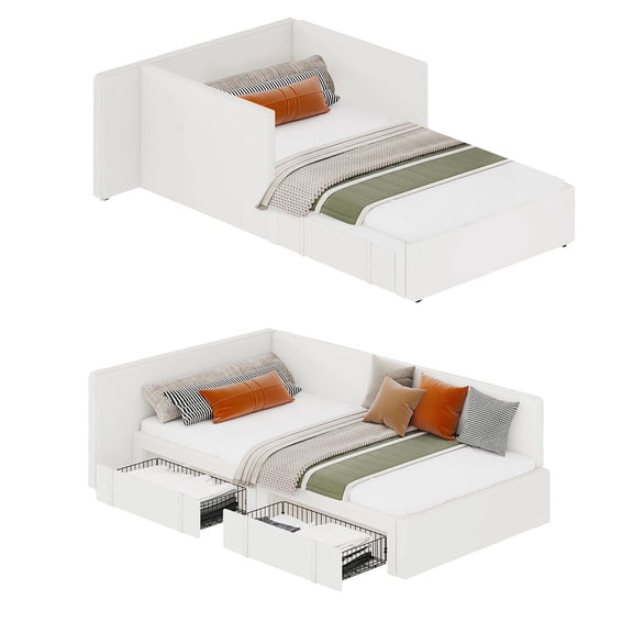 Ataucjin Twin Daybed with 2 Storage Drawers, Corner Bed Frame with Extended headboard and Bed Rails, Velvet Upholstered Sofa Bed with Guardrail for Bedroom, Guest Room, Adjustable Installation