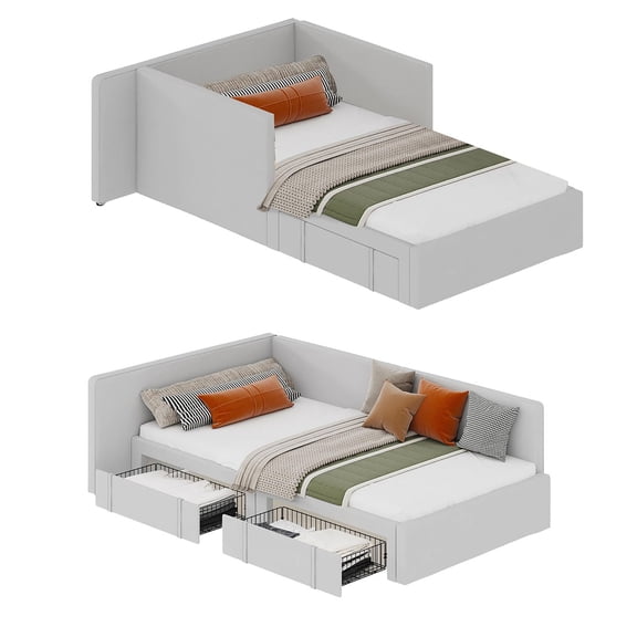 Ataucjin Twin Daybed with 2 Storage Drawers, Corner Bed Frame with Extended headboard and Bed Rails, Velvet Upholstered Sofa Bed with Guardrail for Bedroom, Guest Room, Adjustable Installation